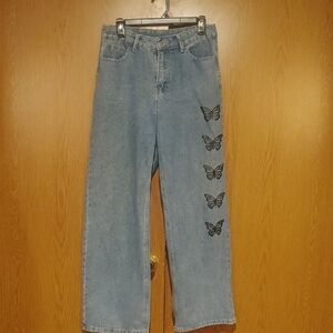 Women's Blue Jeans with Butterfly Print